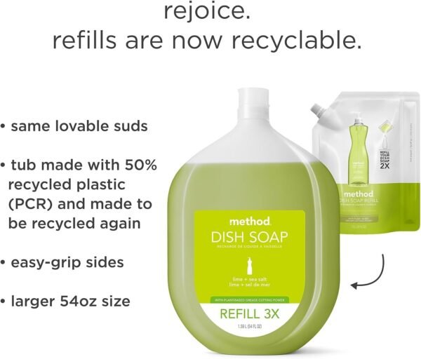 Method Dish Soap, Refill, Lime + Sea Salt, Recylable Bottle, Biodegradable Formula, Tough on Grease, 54 Fl Oz (Pack of 1) - Image 2