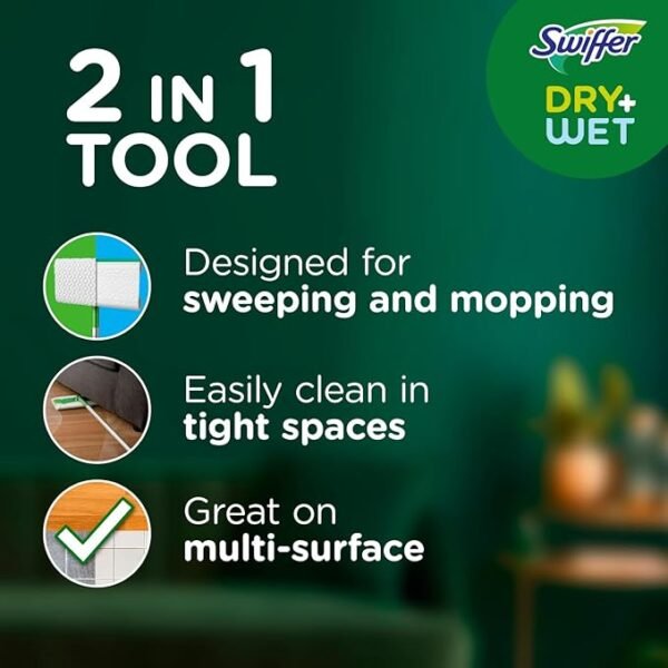 Swiffer Sweeper 2-in-1 Dry + Wet Floor Mopping and Sweeping Kit, Multi-Surface Kit for Floor Cleaning, Kit Includes 1 Sweeper, 14 Dry Sweeping Cloths, 5 Wet Mopping Cloths( Target ) - Image 3