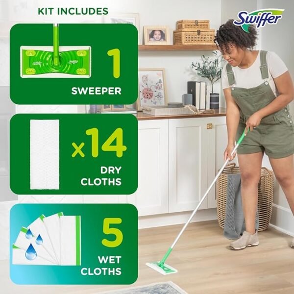 Swiffer Sweeper 2-in-1 Dry + Wet Floor Mopping and Sweeping Kit, Multi-Surface Kit for Floor Cleaning, Kit Includes 1 Sweeper, 14 Dry Sweeping Cloths, 5 Wet Mopping Cloths - Image 5