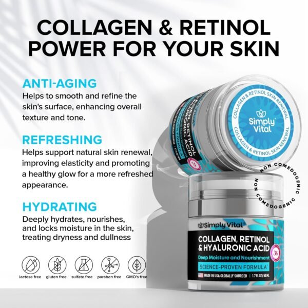 SimplyVital Collagen, Retinol & Hyaluronic Acid Cream - Anti-Aging Face Moisturizer for Face, Neck & Décolleté - Made in USA, Daily Moisturizer Face Cream - 1.7 fl.oz. - Image 4