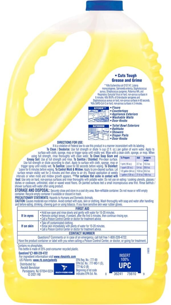 Lysol Multi-Surface Cleaner, Sanitizing and Disinfecting Pour, to Clean and Deodorize, Sparkling Lemon and Sunflower Essence, 144 Fl Oz ( Amazon ) - Image 2